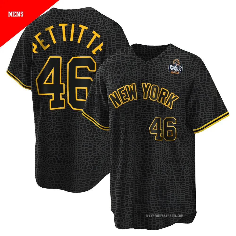 Men's ＃46 Andy Pettitte New York Yankees Black Replica Snake Skin City 2024 World Series Jersey