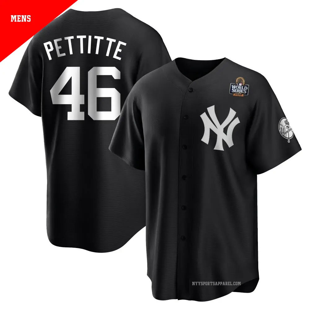 Men's ＃46 Andy Pettitte New York Yankees Black/White Replica 2024 World Series Jersey