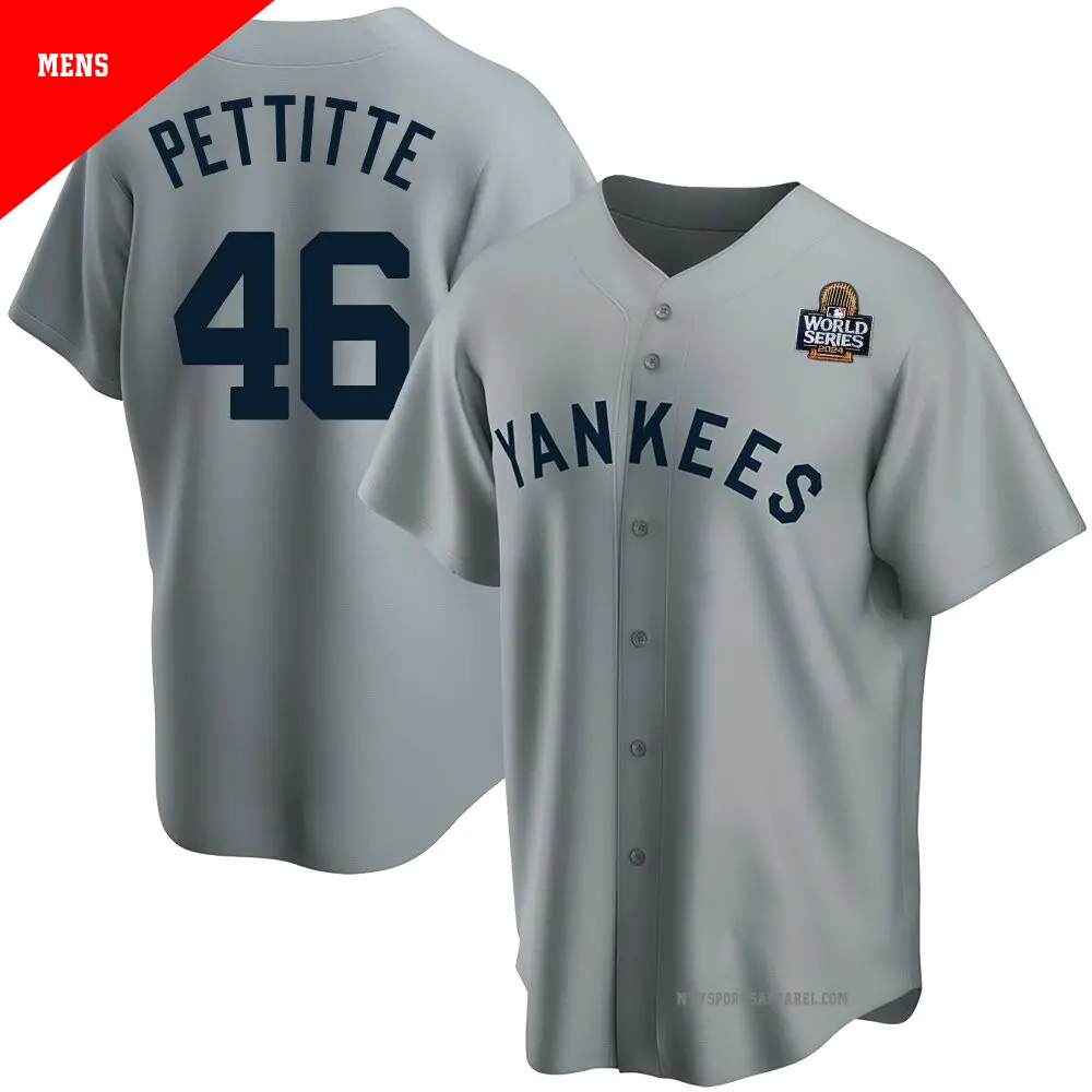 Men's ＃46 Andy Pettitte New York Yankees Gray Replica Road Cooperstown Collection 2024 World Series Jersey