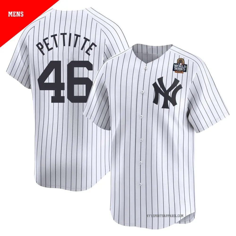 Men's ＃46 Andy Pettitte New York Yankees White Limited Yankee Home 2024 World Series Jersey