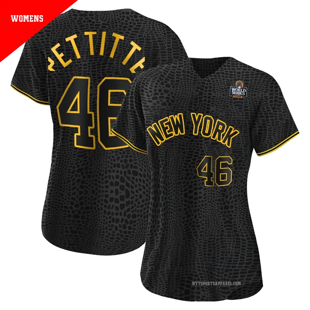Women's ＃46 Andy Pettitte New York Yankees Black Authentic Snake Skin City 2024 World Series Jersey