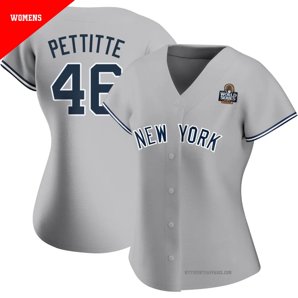Women's ＃46 Andy Pettitte New York Yankees Gray Authentic Road Name 2024 World Series Jersey