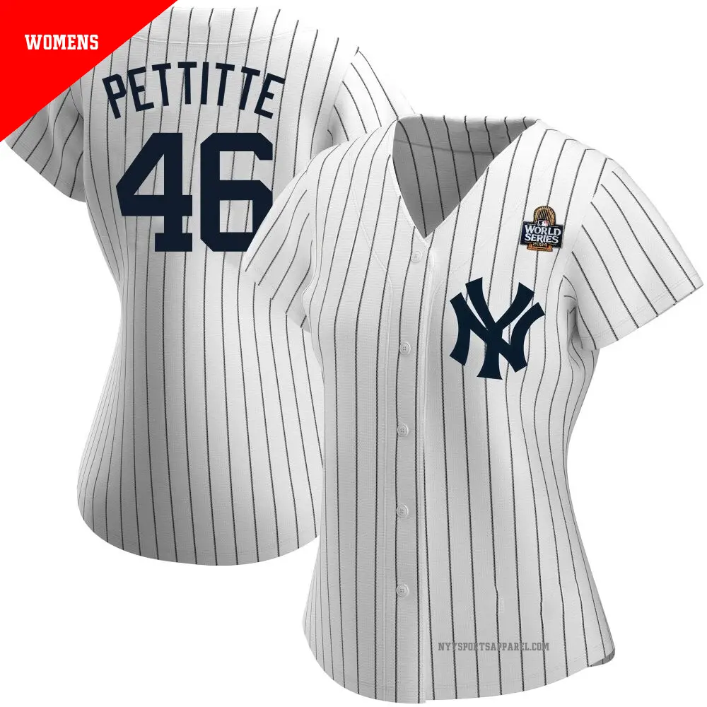 Women's ＃46 Andy Pettitte New York Yankees White Authentic Home Name 2024 World Series Jersey