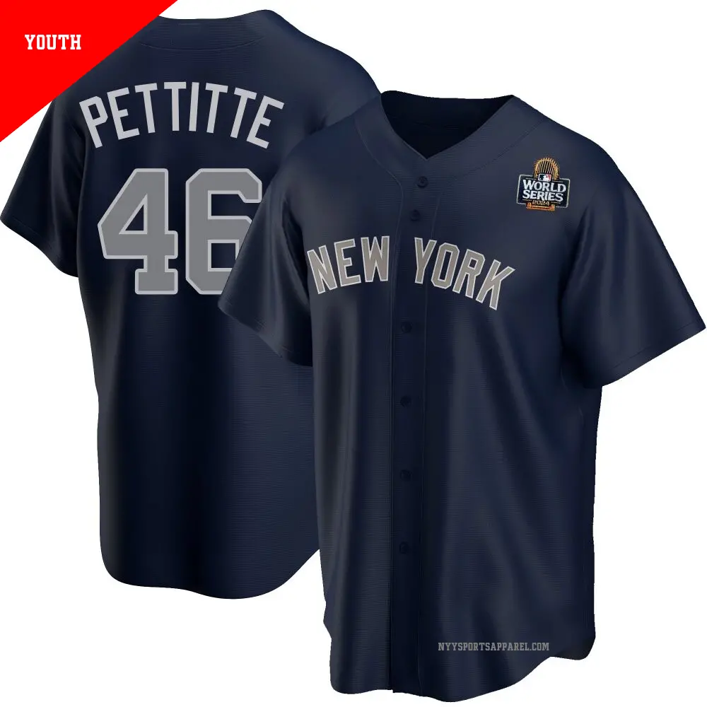 Youth ＃46 Andy Pettitte New York Yankees Navy Replica Alternate 2024 World Series Jersey