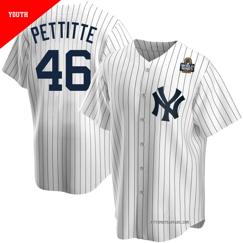 Youth ＃46 Andy Pettitte New York Yankees White Replica Home 2024 World Series Jersey
